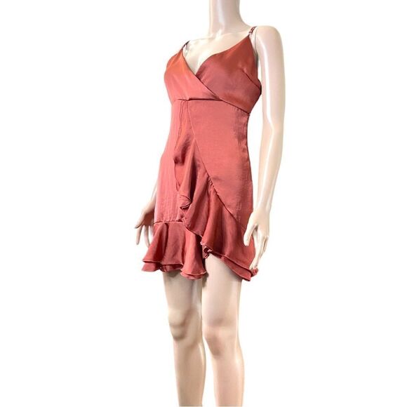 Lucy in the Sky Smooth Satin Orange Rust Ruffle Slip Mini Dress Size S - Picture 2 of 13